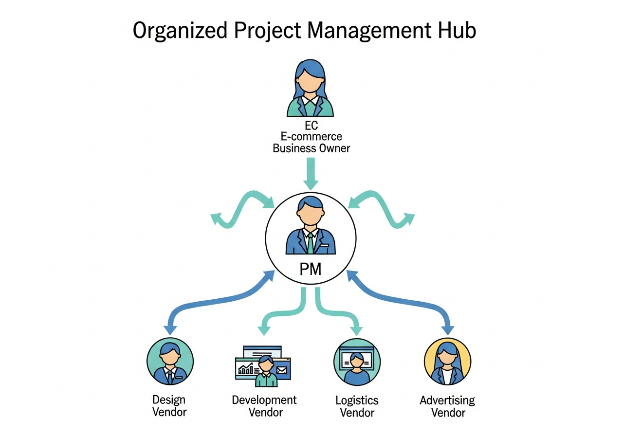 PM導入後の整理されたハブ型コミュニケーション構造